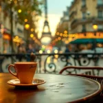 tasse de café dans un café parisien avec vue sur la tour eiffel