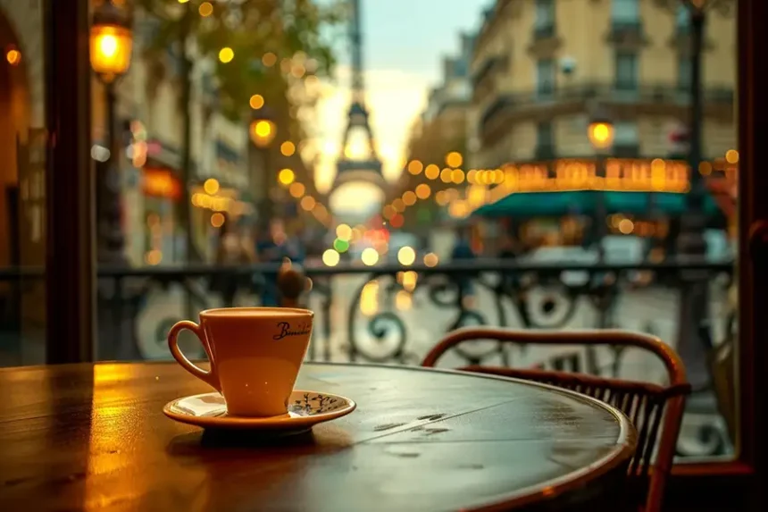 tasse de café dans un café parisien avec vue sur la tour eiffel
