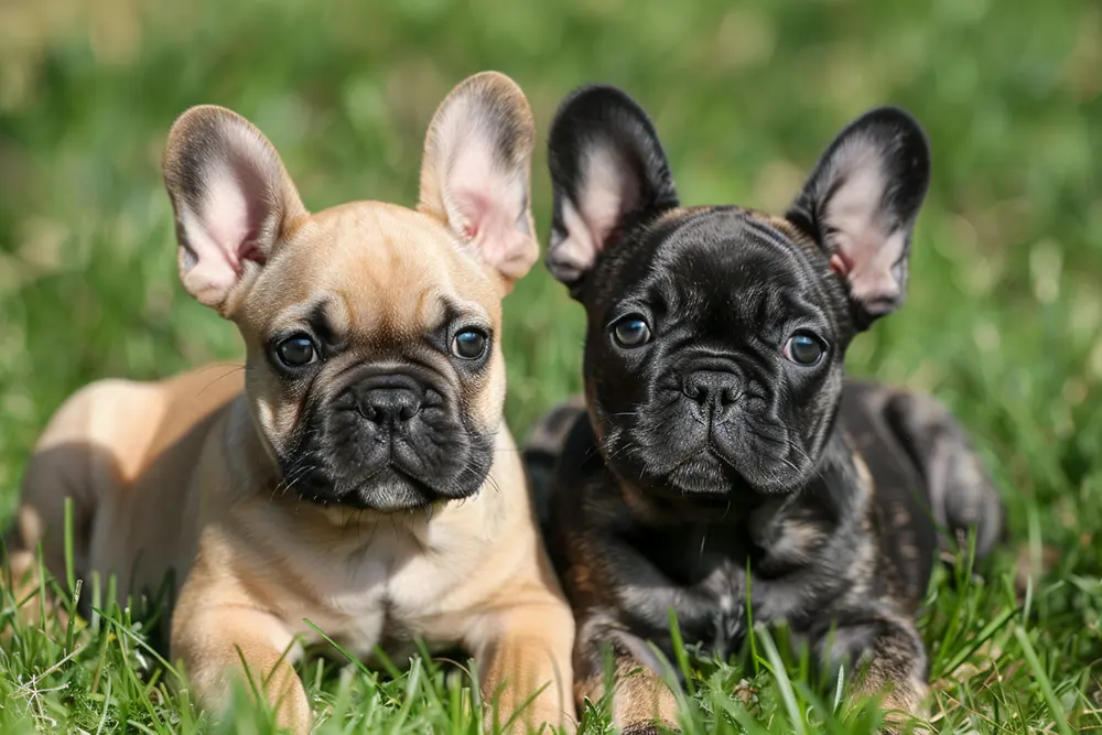 2 chiot bouledogue français dans l'herbe