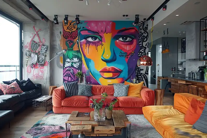 Salon avec une décoration street art sur drap