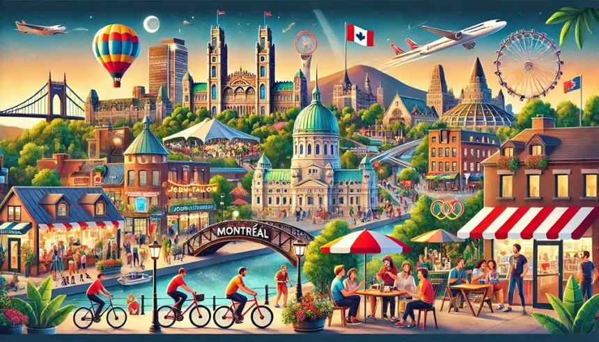 Illustration de Montréal avec les lieux emblématiques et symboles de la ville du Québec