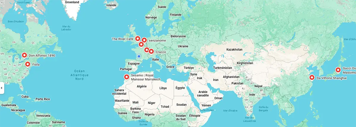 Carte du monde avec les 10 meilleurs restaurants italiens indiqués 