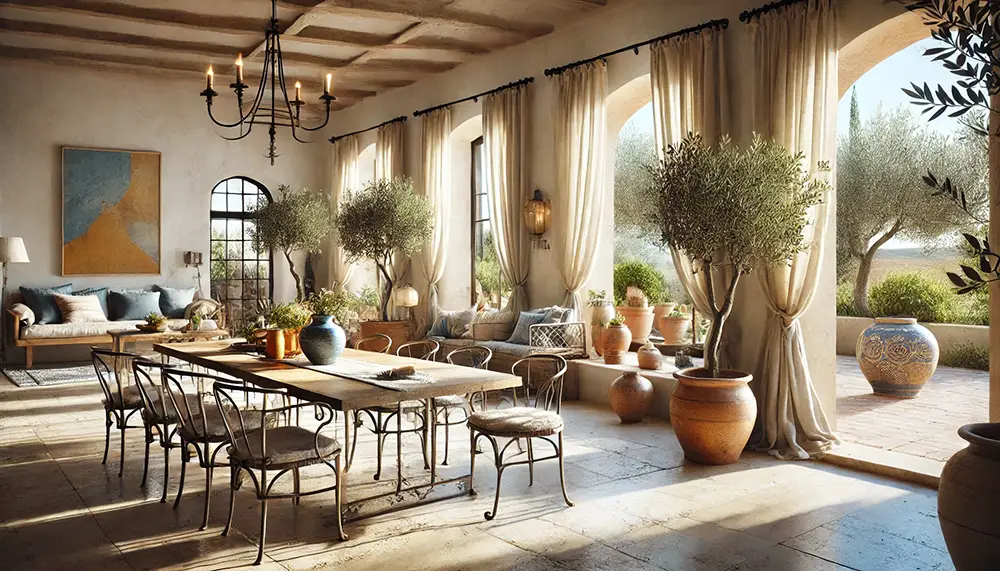 Grand salon au carrelage en travertin et avec vue sur l'extérieur typique d'une décoration méditerranéenne