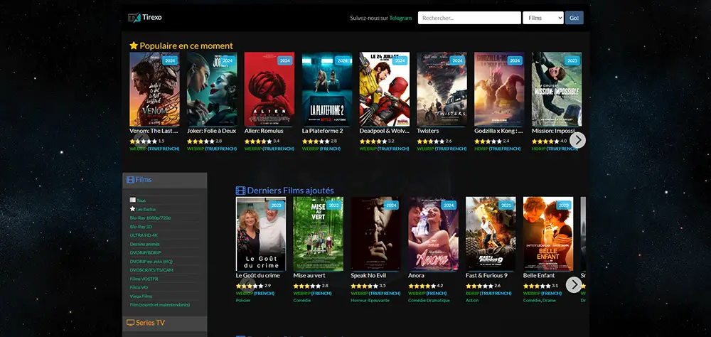 Tirexo, capture d'écran de la page d'accueil du site de streaming gratuit