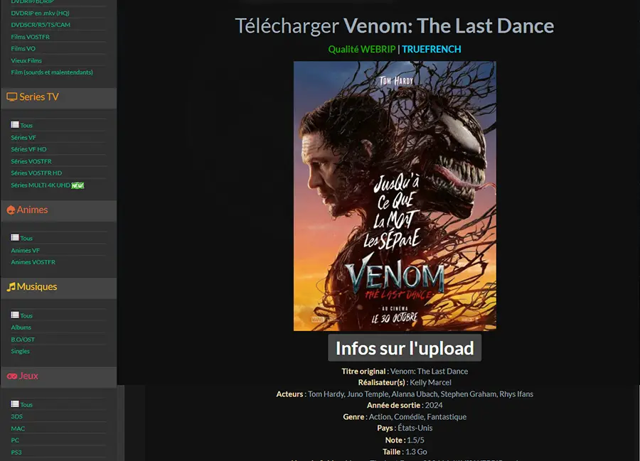 Film Venom the last dance disponible sur le site tirexo