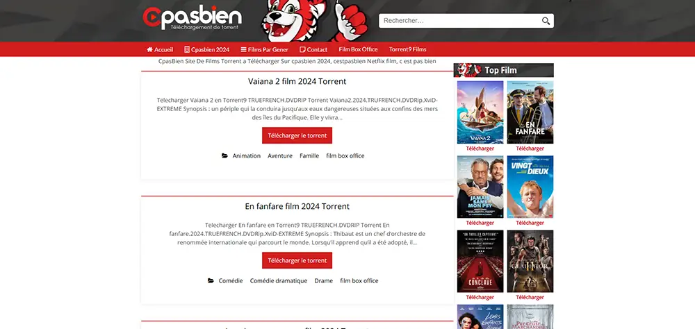 cpasbien capture d'écran du site francais pour trouver des torrents de films et séries