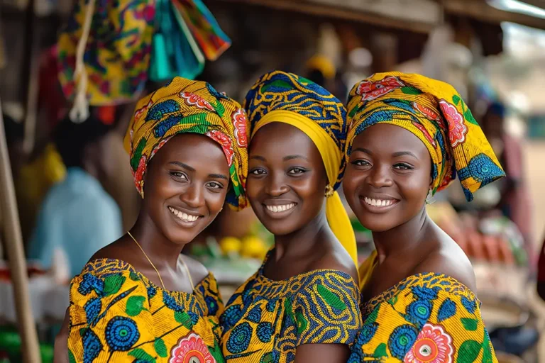 3 femmes portant un boubou africain traditionnel et coloré