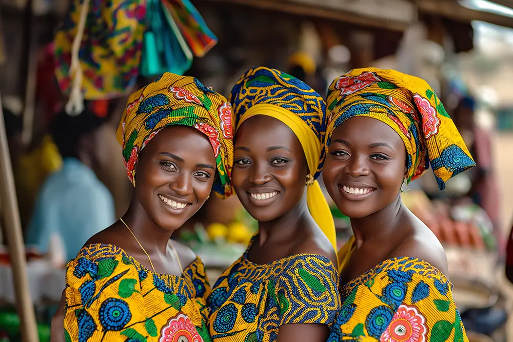 3 femmes portant un boubou africain traditionnel et coloré