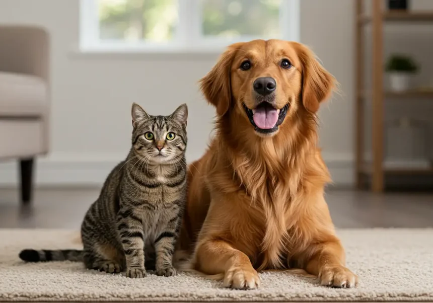 chien et chat côte à côte dans une maison regardant vers nous. Bien s'occuper de son animal