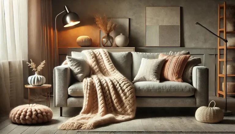 plaid en laine sur sofa à cotés de coussins