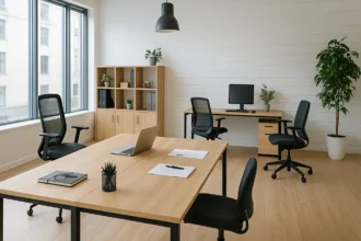 Bureaux modernes et lumineux avec mobilier ergonomique en bois clair, chaises noires, grandes fenêtres et plantes vertes, propice au travail collaboratif.
