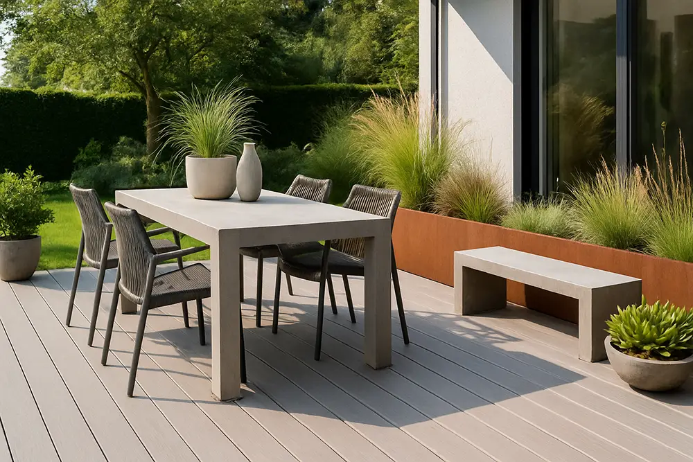 Terrasse moderne en composite gris clair avec mobilier en béton et chaises en résine tressée, entourée de plantes ornementales sous une lumière naturelle.