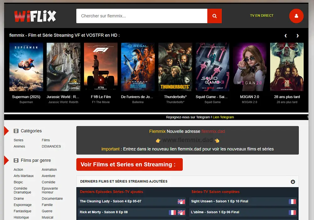 Capture d'écran du site Wiflix en juillet 2025