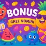 Illustration colorée de fruits mascottes représentant les bonus du casino en ligne Nomini, avec des éléments de machines à sous, pièces d’or et roue de la fortune.