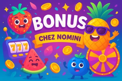 Illustration colorée de fruits mascottes représentant les bonus du casino en ligne Nomini, avec des éléments de machines à sous, pièces d’or et roue de la fortune.