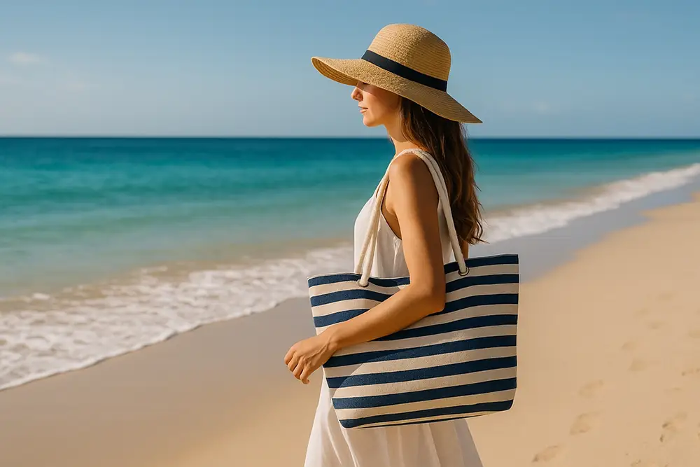 femme au chapeau portant un sac de plage bleu et blanc rayé