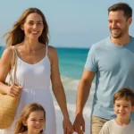 Famille en bord de mer avec des sac de plage
