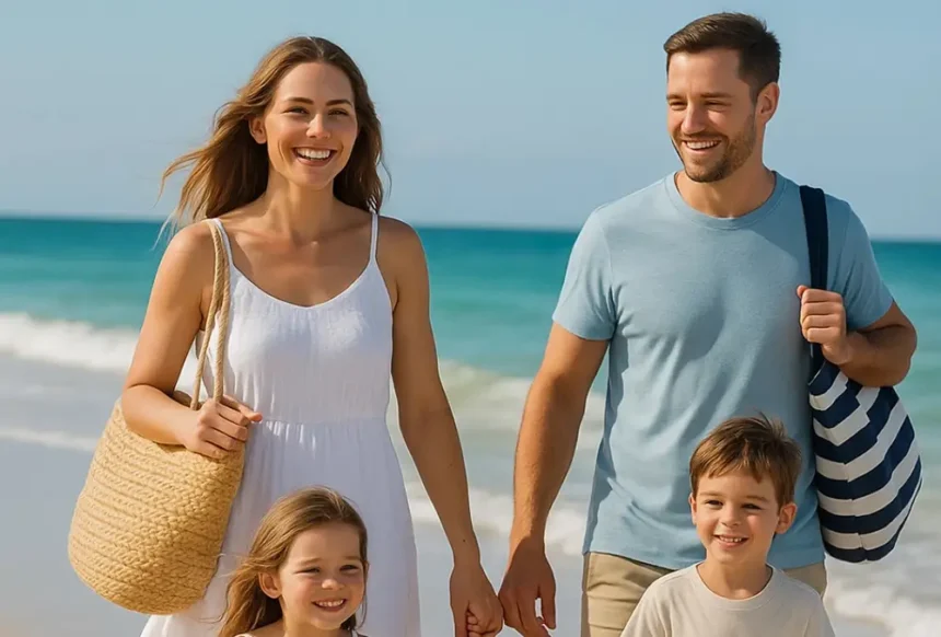 Famille en bord de mer avec des sac de plage