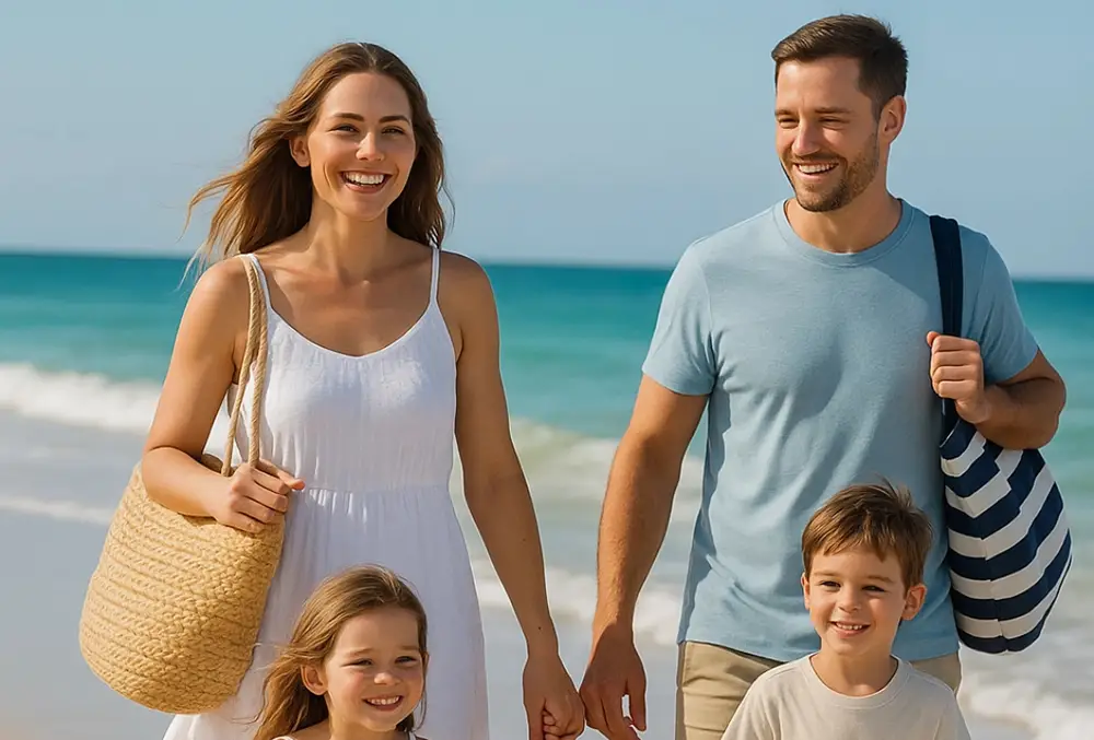 Famille en bord de mer avec des sac de plage
