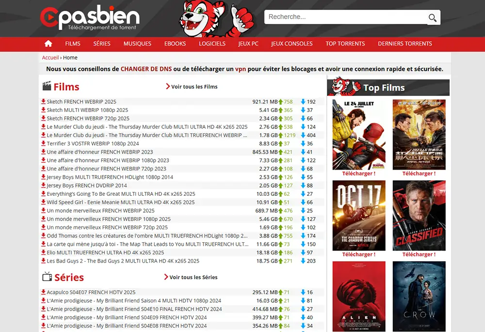 cpasbien capture d'écran du site de torrents