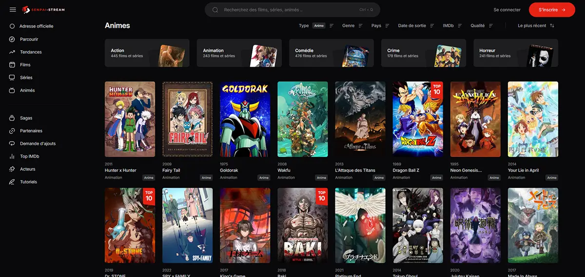 Animés sur Senpai Stream - capture d'écran