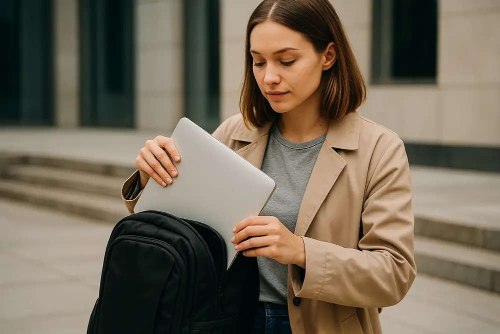 femme qui range son ordinateur portable dans son sac à dos