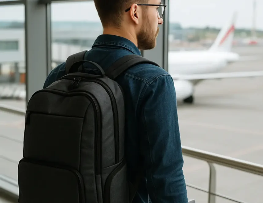 voyageur à l'aéroport avec un sac à dos