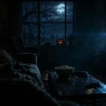 Salon sombre la nuit d'Halloween avec une citrouille illuminée, un bol de pop-corn et une télévision allumée pour regarder des films d'horreur cultes