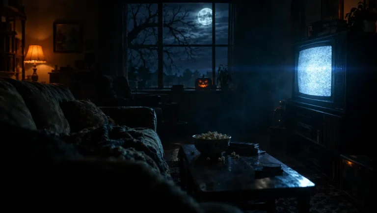 Salon sombre la nuit d'Halloween avec une citrouille illuminée, un bol de pop-corn et une télévision allumée pour regarder des films d'horreur cultes