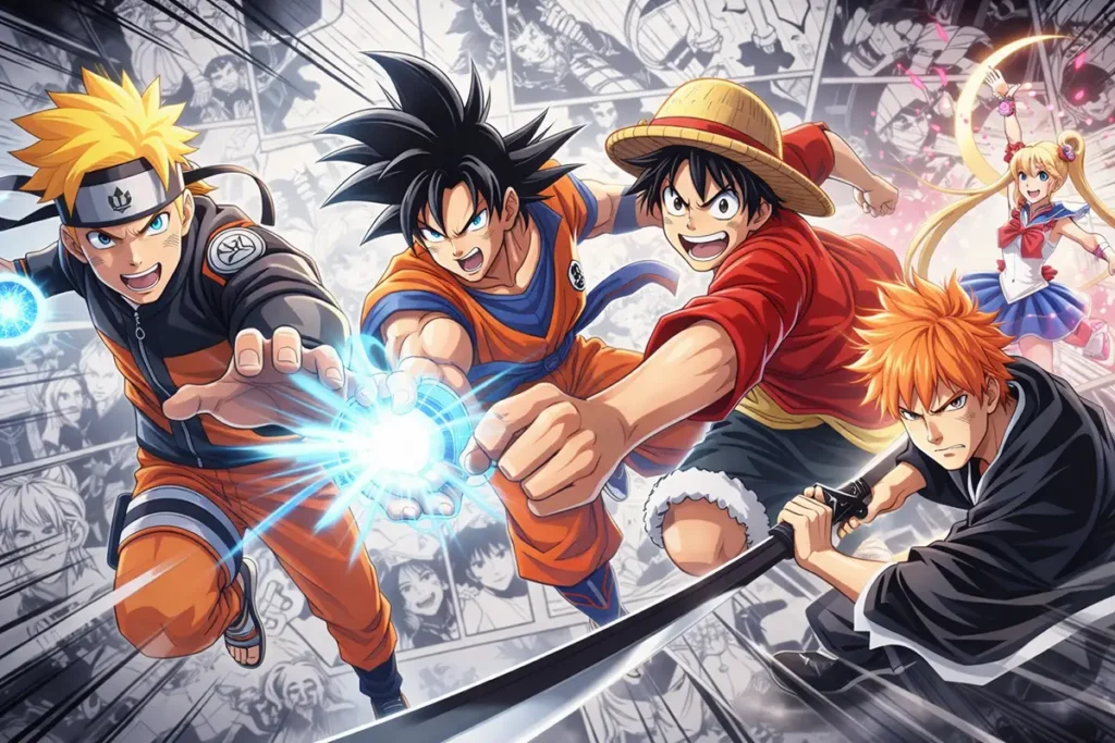Héros manga (Naruto, Goku, Luffy, Ichigo, Sailor Moon) en action sur fond de planches — guide des sites gratuits pour lire des scans.