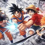 Héros manga (Naruto, Goku, Luffy, Ichigo, Sailor Moon) en action sur fond de planches — guide des sites gratuits pour lire des scans.