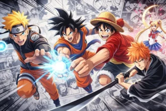 Héros manga (Naruto, Goku, Luffy, Ichigo, Sailor Moon) en action sur fond de planches — guide des sites gratuits pour lire des scans.