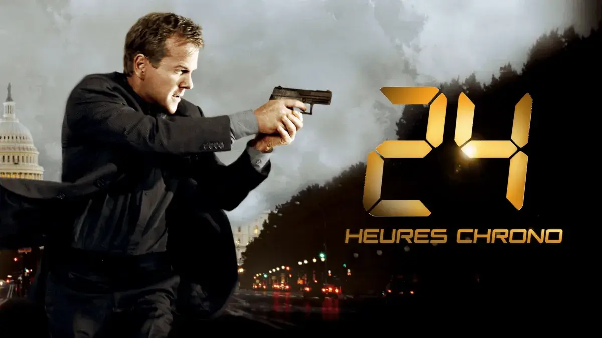 Affiche de la série d'action 24h Chrono montrant le héro avec une arme en main dans les rues de Washington