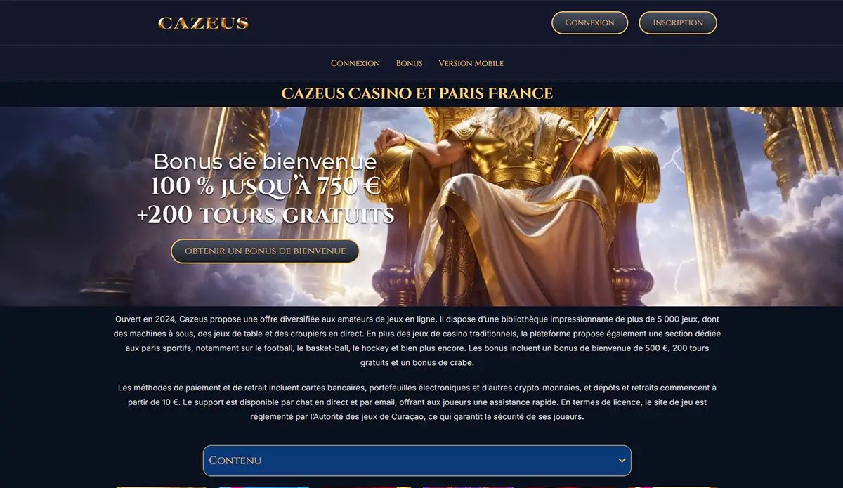 Capture d'écran de la page d'accueil du casino en ligne Cazeus