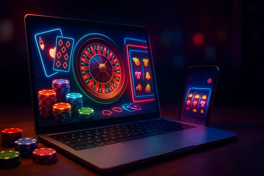 Casino MrPunter en ligne sur laptop et smartphone, roulette et machine à sous en néon, piles de jetons colorés sur table en bois