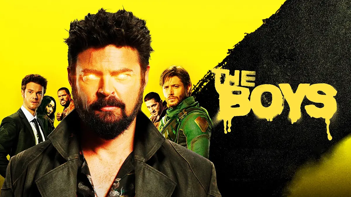 Affiche de la série d'action The Boys, jaune et noire avec les super-héros