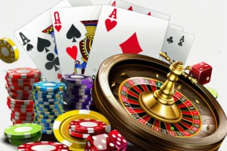 Illustration de casino en ligne montrant des jetons, une roulette, des cartes de jeux, des dés et une roulette