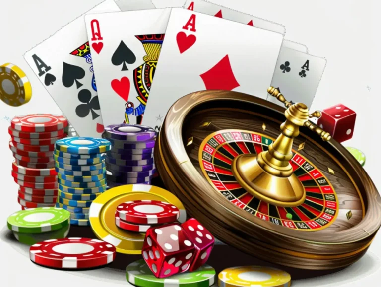 Illustration de casino en ligne montrant des jetons, une roulette, des cartes de jeux, des dés et une roulette