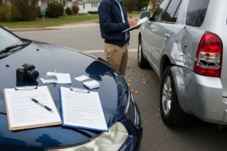 Homme remplissant un constat suite à un accident automobile