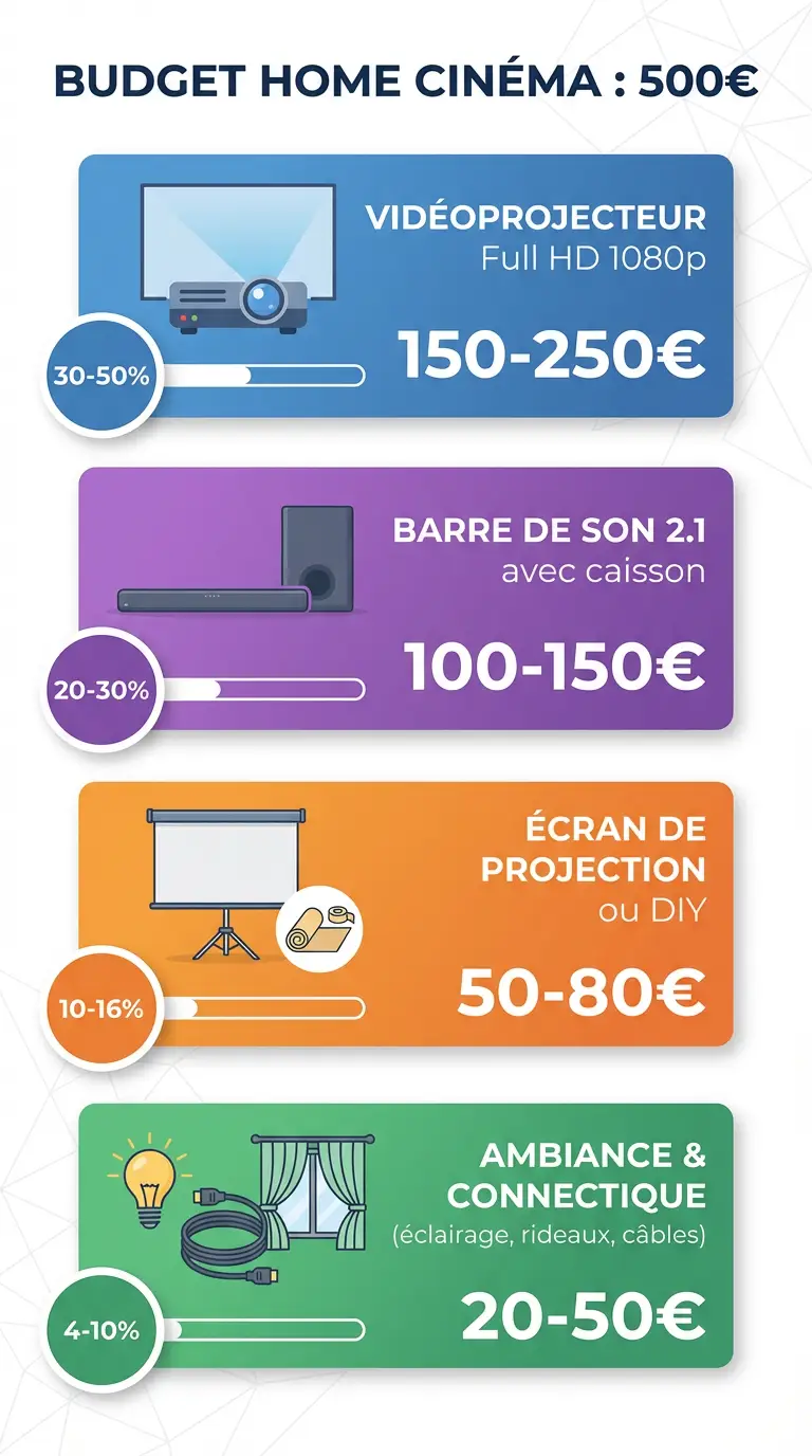 Infographie de la répartition du budget home cinéma pour moins de 500 euros ( Vidéoprojecteur, barre de son, écran de projection, ambiance & connectique )