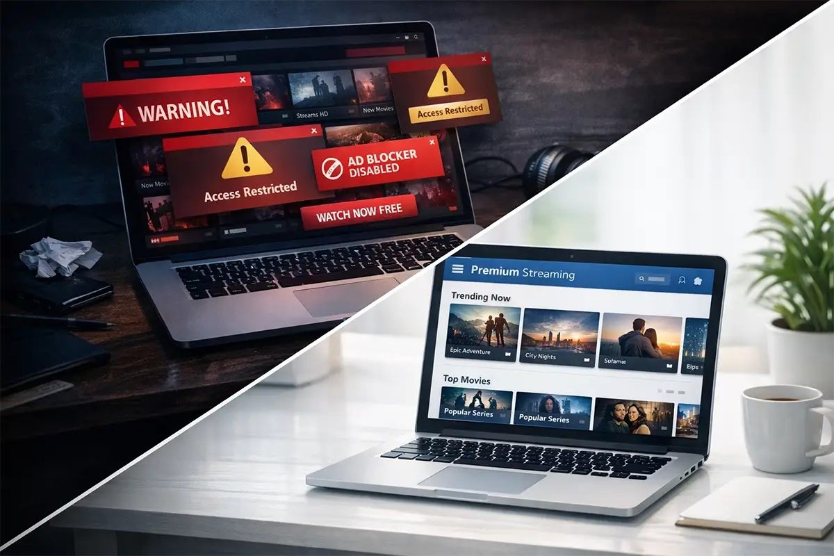 Illustration comparant une plateforme de streaming non officielle avec des alternatives légales, mettant en avant stabilité, sécurité et légalité.