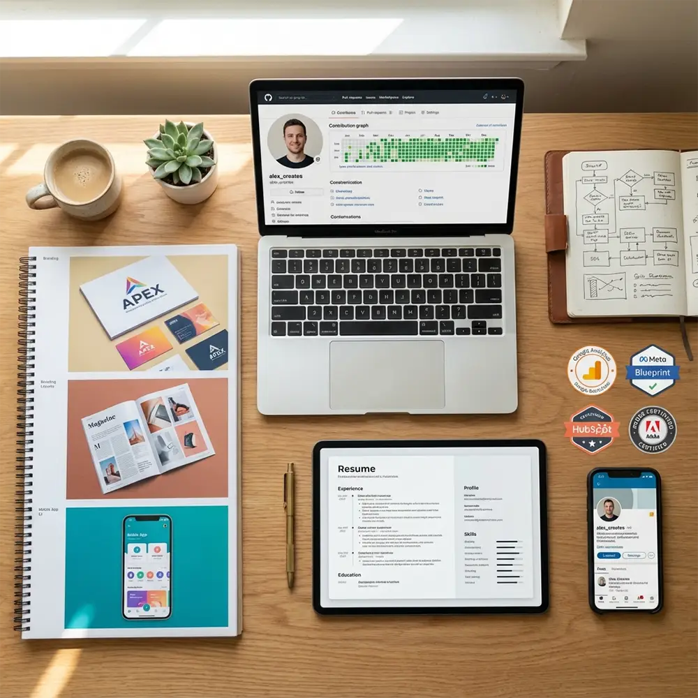Bureau organisé avec portfolio professionnel, certifications digitales et outils de présentation illustrant la construction de crédibilité sans diplôme traditionnel