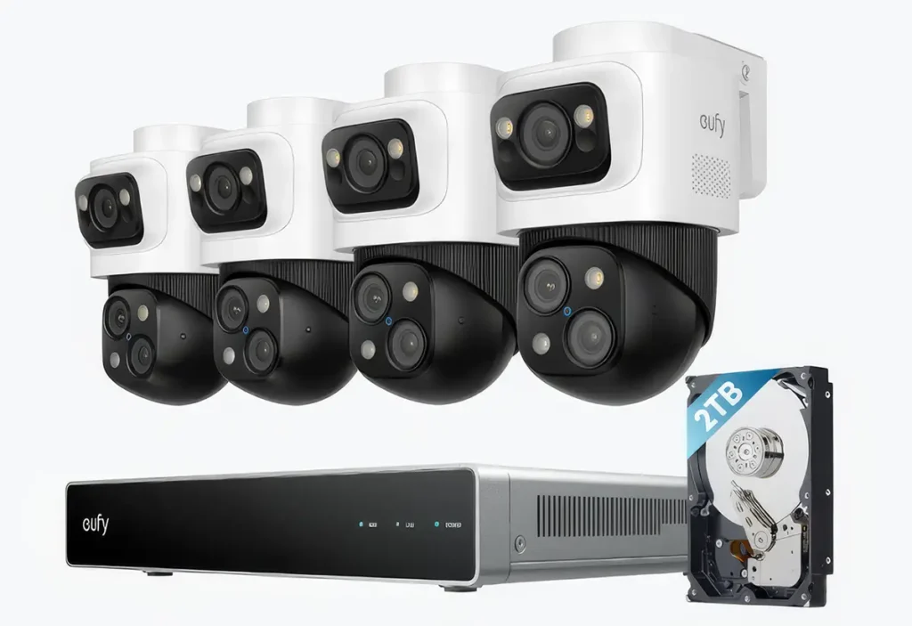 4 caméras de sécurité avec disque dur de 2TB sur fond blanc