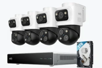 4 caméras de sécurité avec disque dur de 2TB sur fond blanc