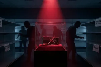 Carte graphique exposée comme un objet rare avec des rayons vides illustrant la pénurie de GPU en 2026