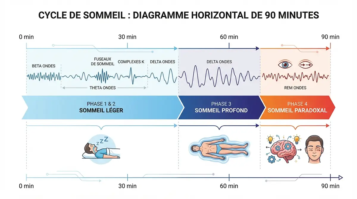 Infographie illustrant les différentes phases d'un cycle de sommeil complet de 90 minutes : sommeil léger, sommeil profond et sommeil paradoxal avec ondes cérébrales