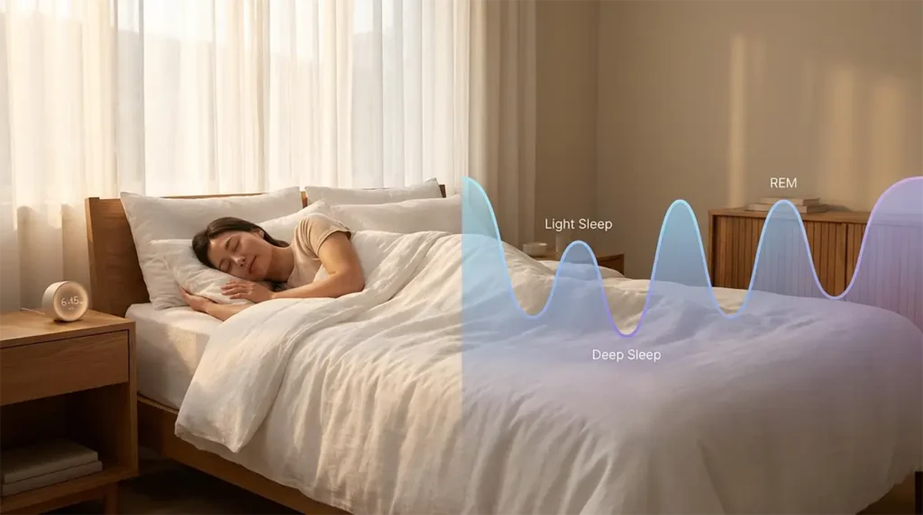 Personne dormant paisiblement dans un lit avec visualisation des cycles de sommeil de 90 minutes superposés, illustrant le calcul optimal pour un réveil énergique