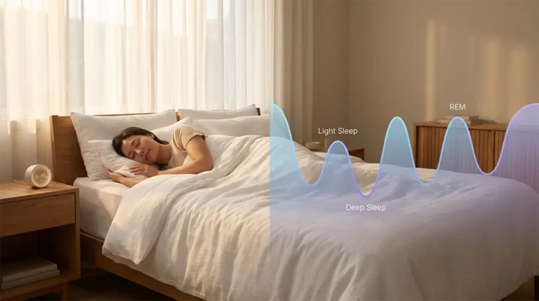 Personne dormant paisiblement dans un lit avec visualisation des cycles de sommeil de 90 minutes superposés, illustrant le calcul optimal pour un réveil énergique