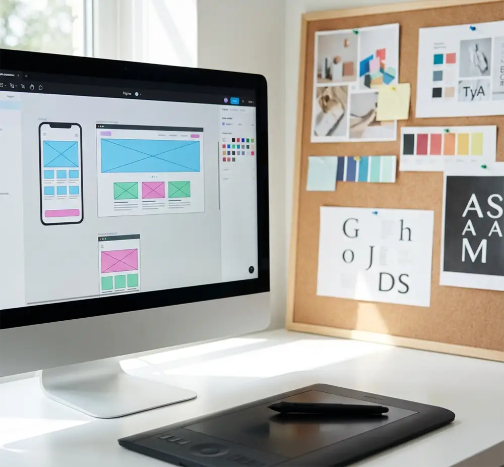 Interface de l'outil Figma montrant des maquettes de design UX/UI avec prototypes d'applications mobiles et web