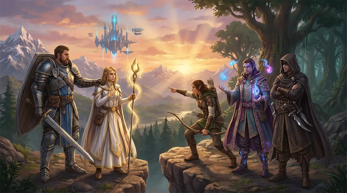 Groupe d'aventuriers contemplant un vaste monde ouvert, symbolisant la liberté et la coopération dans les jeux en ligne.